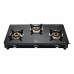 Preethi Valentino glass top 3 burner gas stove, Manual Ignition, Black