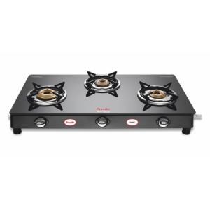 Preethi Blu Flame Sparkle Glass top 3 Burner Gas Stove, Manual Ignition, Black