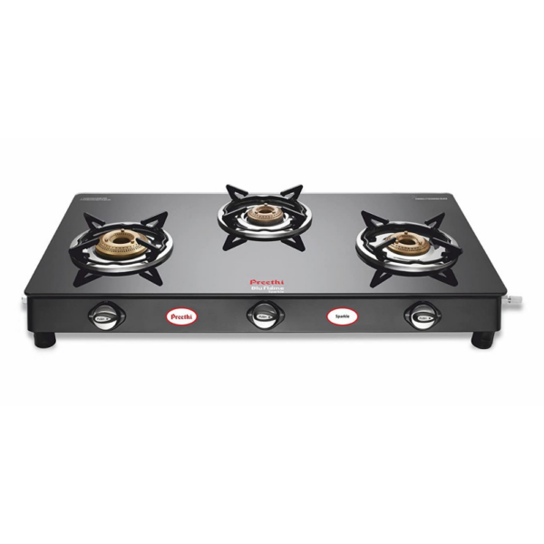 Preethi Blu Flame Sparkle Glass top 3 Burner Gas Stove, Manual Ignition, Black